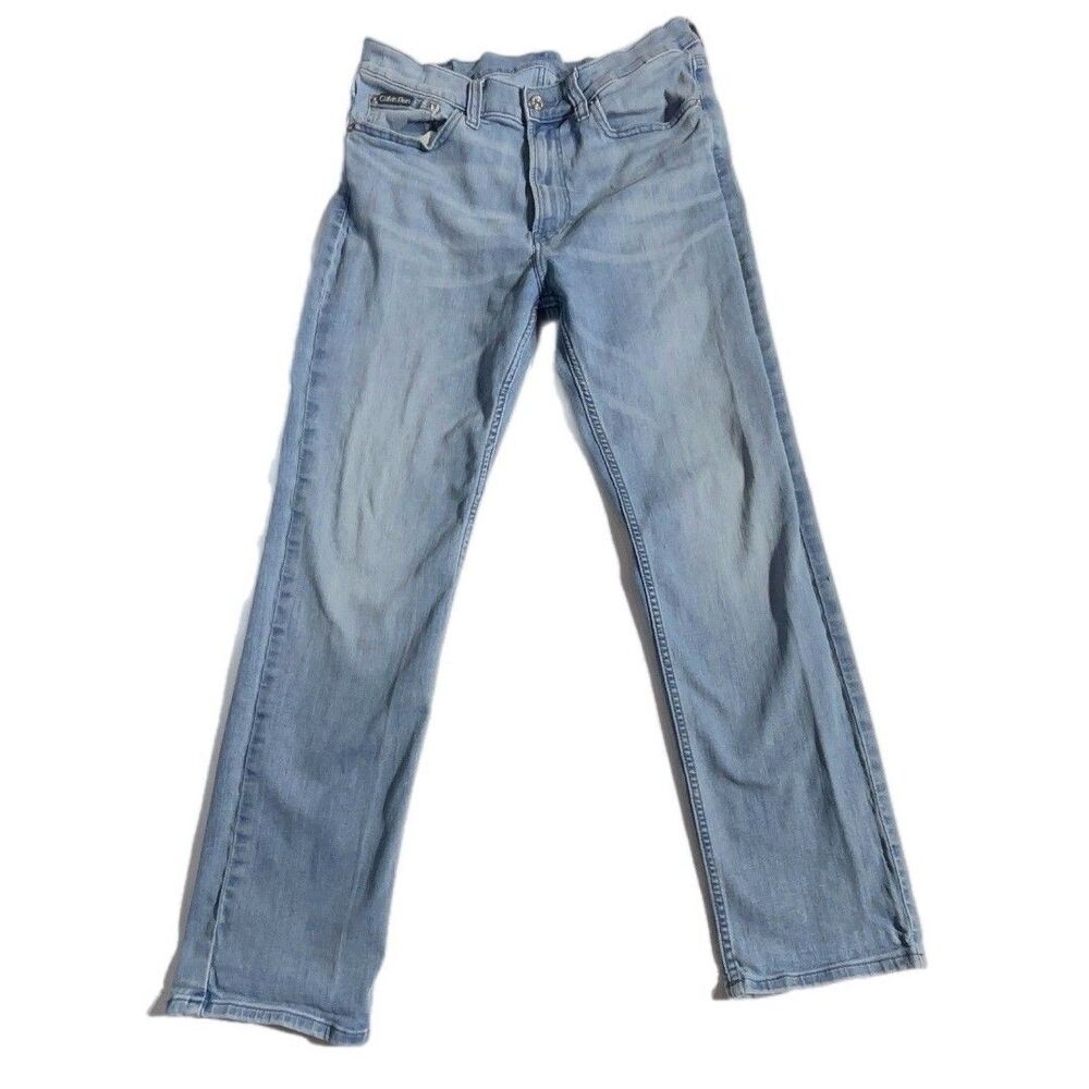 Calvin Klein men's light wash denim jeans, possibly a straight-leg fit .